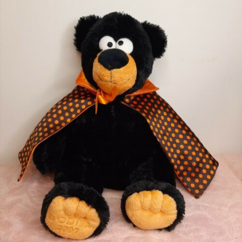 2007 Godiva Halloween black teddy bear polka dot cape Chocolate lover crazy eyes